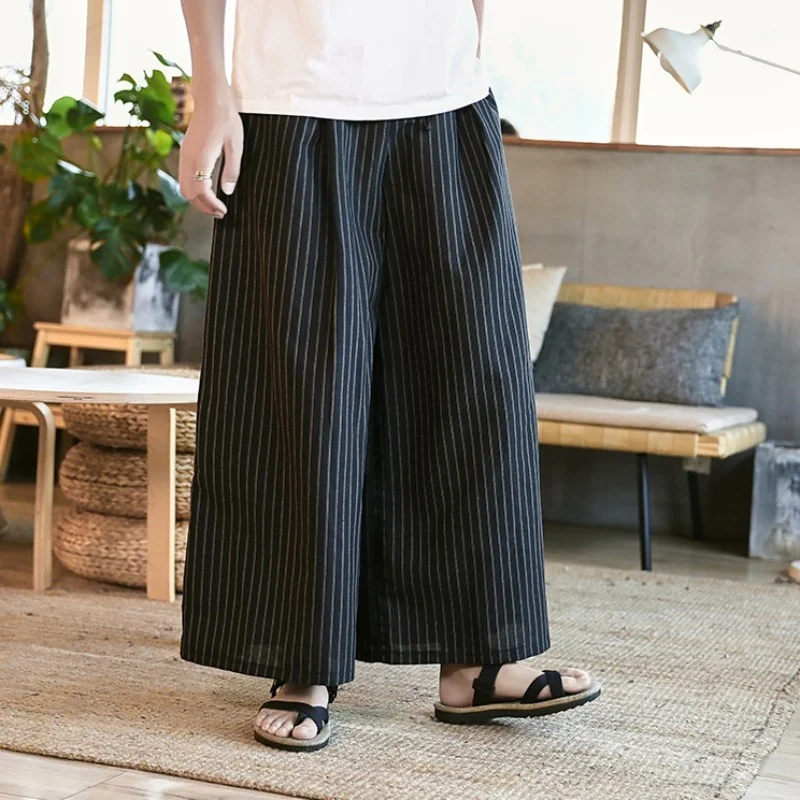 

Mens Harajuku Baggy Wide Leg Pants Striped Loose Fit Comfortable Cotton Linen Pants Casual Spring Summer Male Long Trousers