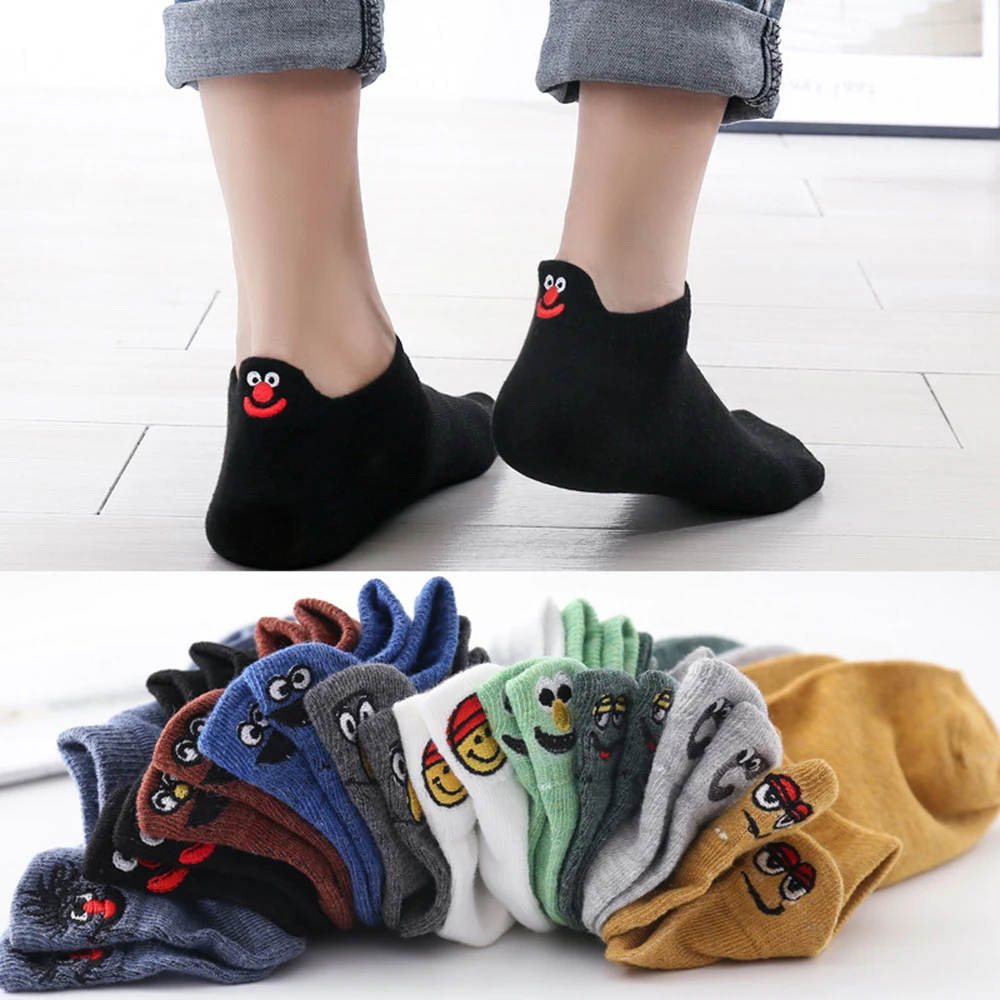 10 Pairs Pack Men\'s Male Embroidered Cartoon Expression Cotton Short Ankle Socks Set Funny Happy Kawaii Couple Socks Calcetines