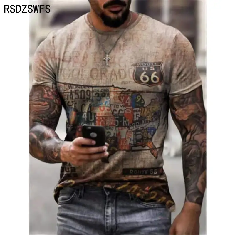 2021 Route 66 American Road T-shirt Summer New Short-sleeved Casual Top O-neck T-shirt Men\'s Oversized Shirt Retro Sweatshirt