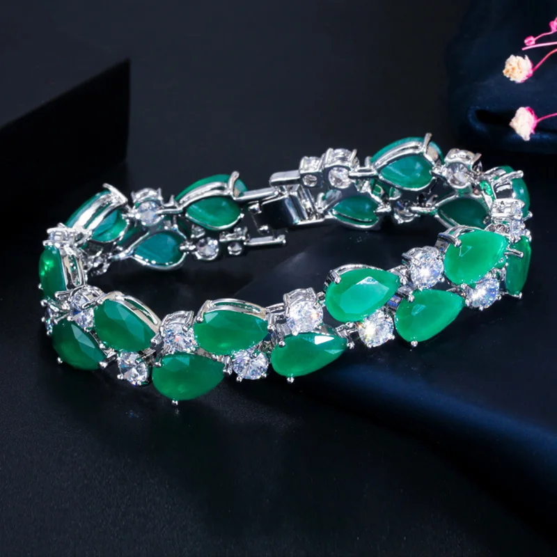 Pera Classic Green Water Drop Cubic Zirconia Double Rows Big Wide Round Bracelets Bangles for Women Anniversary Party Gift B159