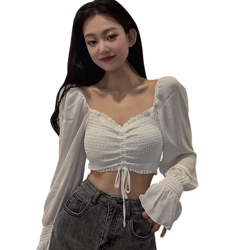 Women\'s Fashion Off Shoulder Shirt Sexy Sweet Pleated Soild Navel Exposed Chiffon Long Sleeves Blouses Korean Version Party Tops