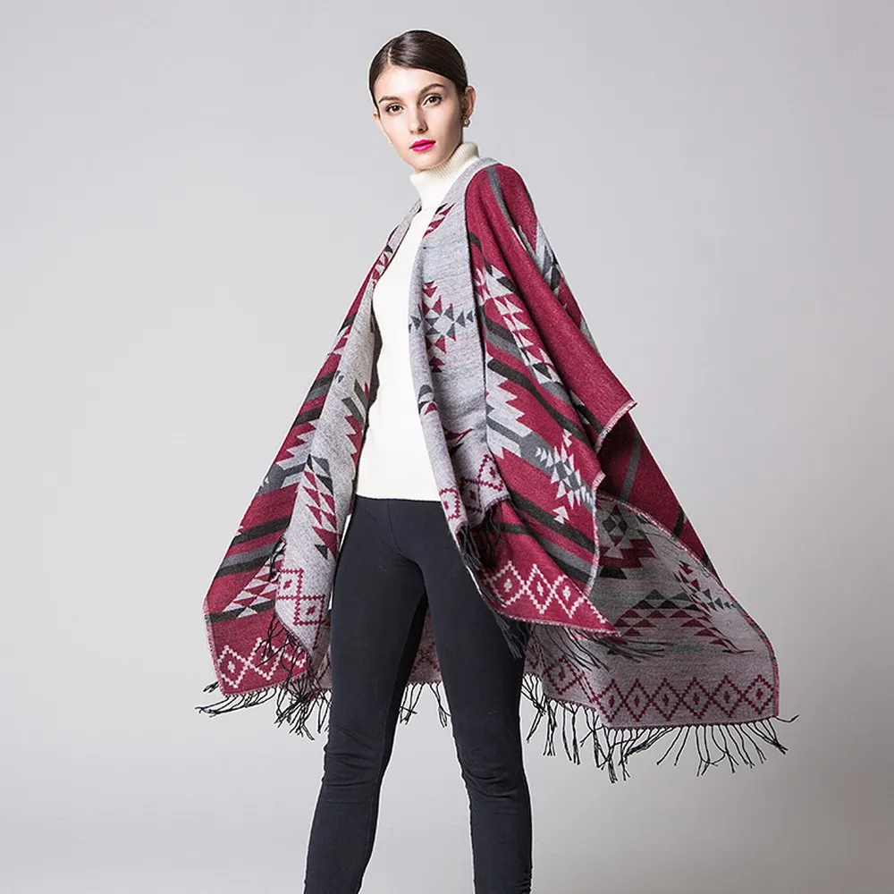 Rhombus Geometric Pattern Cashmere Poncho and Capes Cardigan Fashion Stripes Open Stitch Tassel Cloak