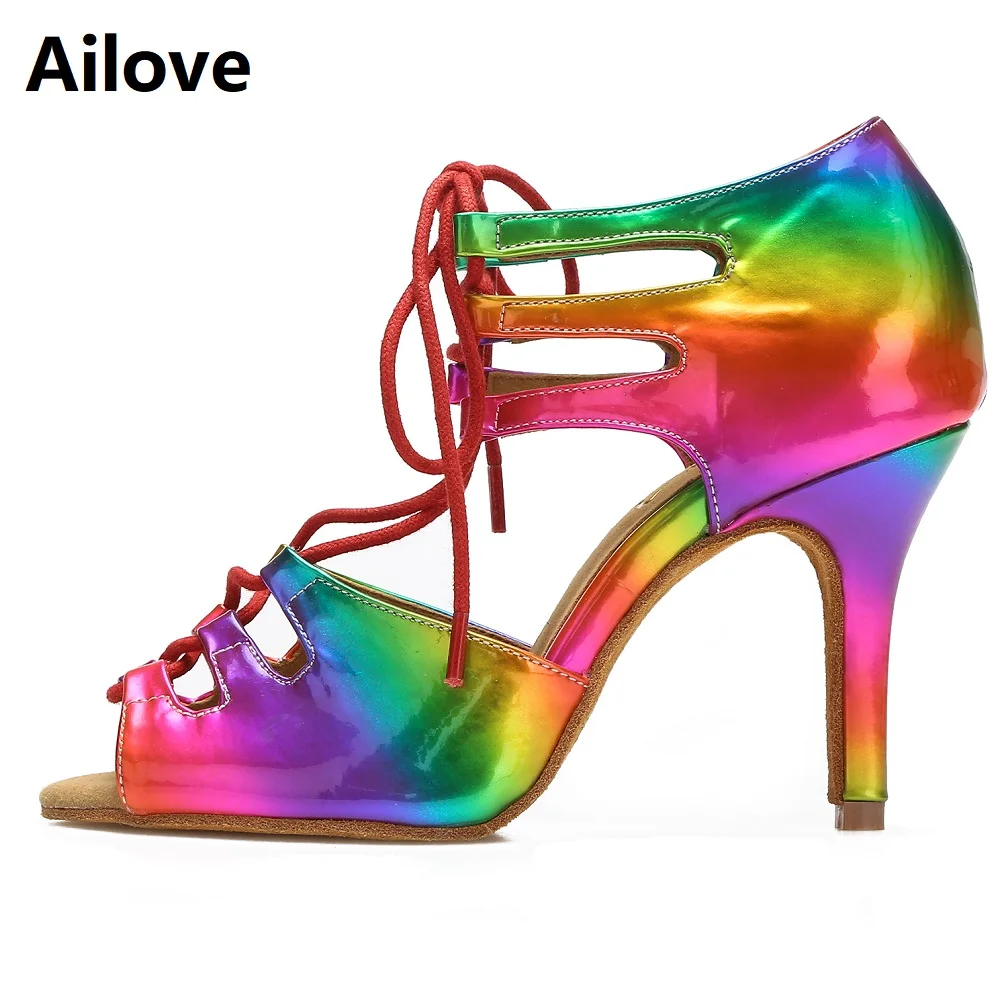 Women Ballroom Latin Dance Shoes Lady Lace-Up Salsa Dancing Sandals Bright Rainbow PU Indoor Sports Heels ALS052