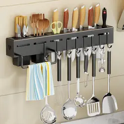 Stainless Steel Knife Holder Kitchen Organizer Accessories Multifunctional Household Punch-Free Lid Storage Rack Wall-Mounted