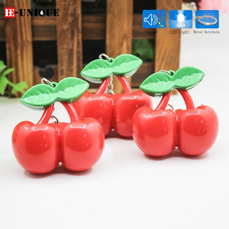 12Pcs Cute Cherries LED Keychain Children Sound-emitting Toys Cerise Fruit Keyring Mini Flashlight Woman Bag Pendant Sweet Gifts