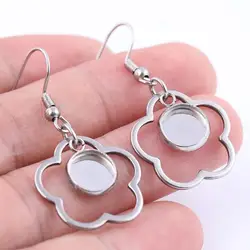 10pcs Stainless steel dangle earring blanks with flower charms 8m cameo cabochon base settings diy ear hooks supplies