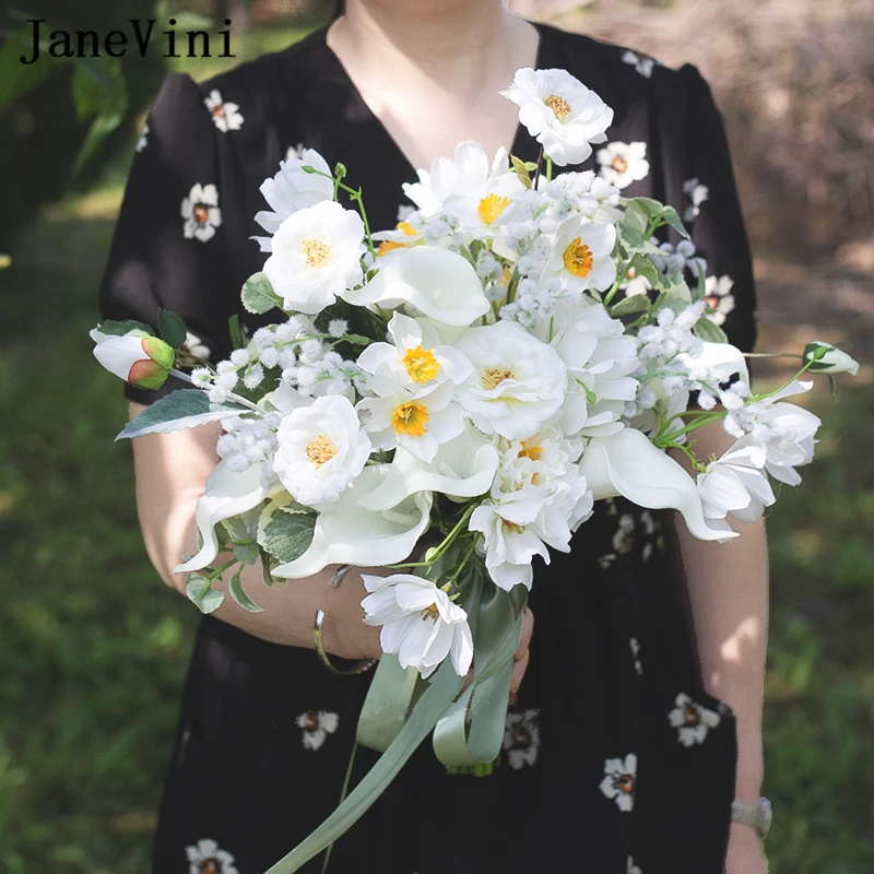 JaneVini Summer Elegant White Wedding Bouquets Garden Artificial Flower Calla Lily Outdoor Silk Bridal Bouquet Ramo Flores Novia