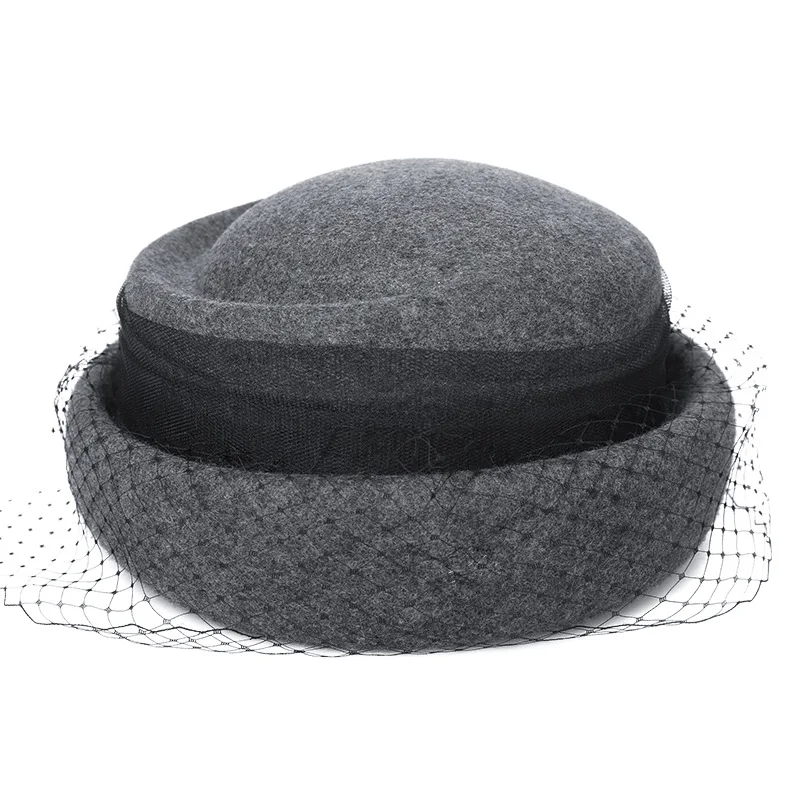 

X4045 Wool Fedora Veil Hat Adult Retro Beret Wool Hat Dome Top Basin Fedora Hats Women Church Cloche Derby Hat Curling Veil