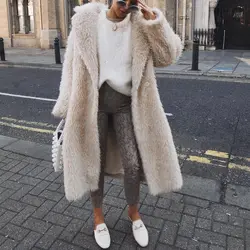 Winter Long Warm Teddy Faux Fur Coat For Women Solid Color Plush Loose Vintage Lamb Wool Jacket Turn-dowm Collar Casual Coat