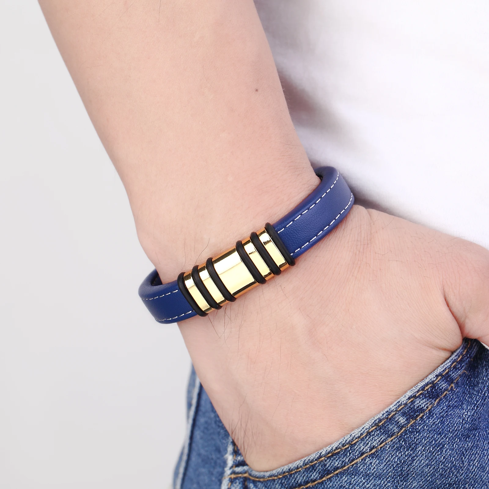 2021 New Fashion Simple Punk Style 5 Ring Stainless Steel Men\'s Classic Bracelet Blue Wide Leather Rope Charm Bracelet