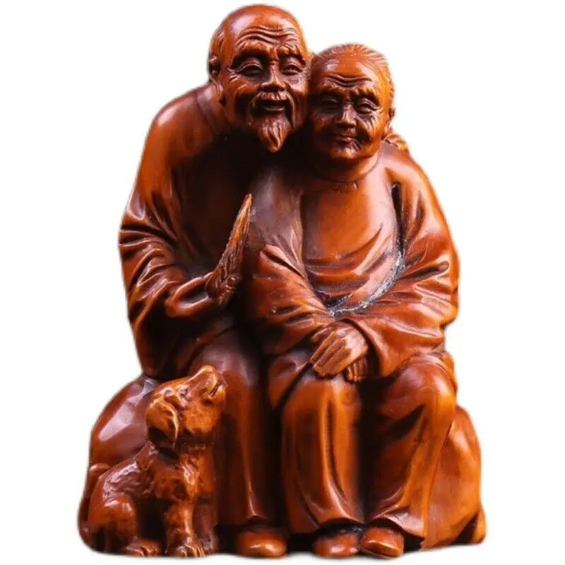 

ML008- 12 x 9 X7.5 CM Stunning Hand Carved Boxwood Figurine Carving: Old Couple with Dog