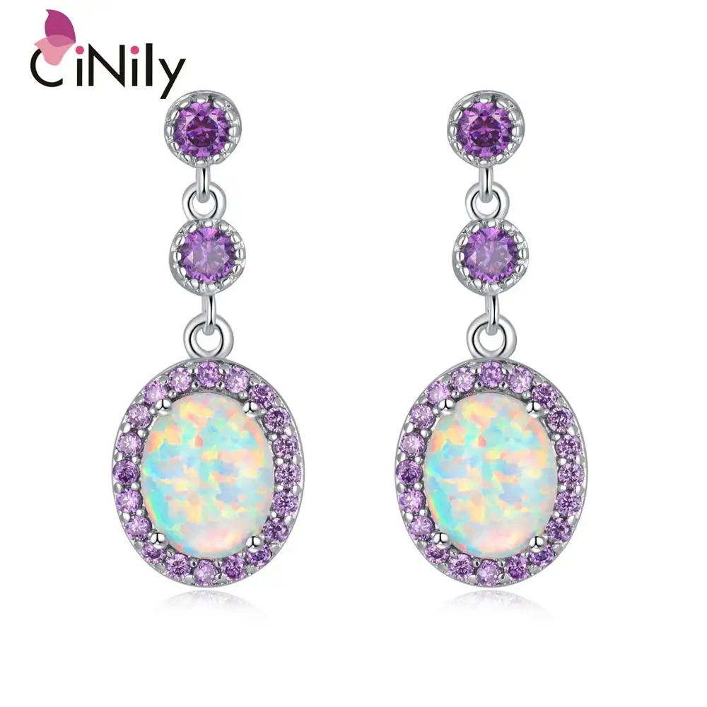 CiNily Large White Fire Opal Oval Stone Earrings Silver Plated Violet Lilac Purple Zircon Crystal Vintage Party Jewelry Women