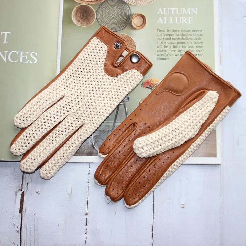 Goatskin Touch Screen Leather Gloves Women\'s Motorcycle Riding Unlined Four Seasons Thin Car Driving Full Finger Driver