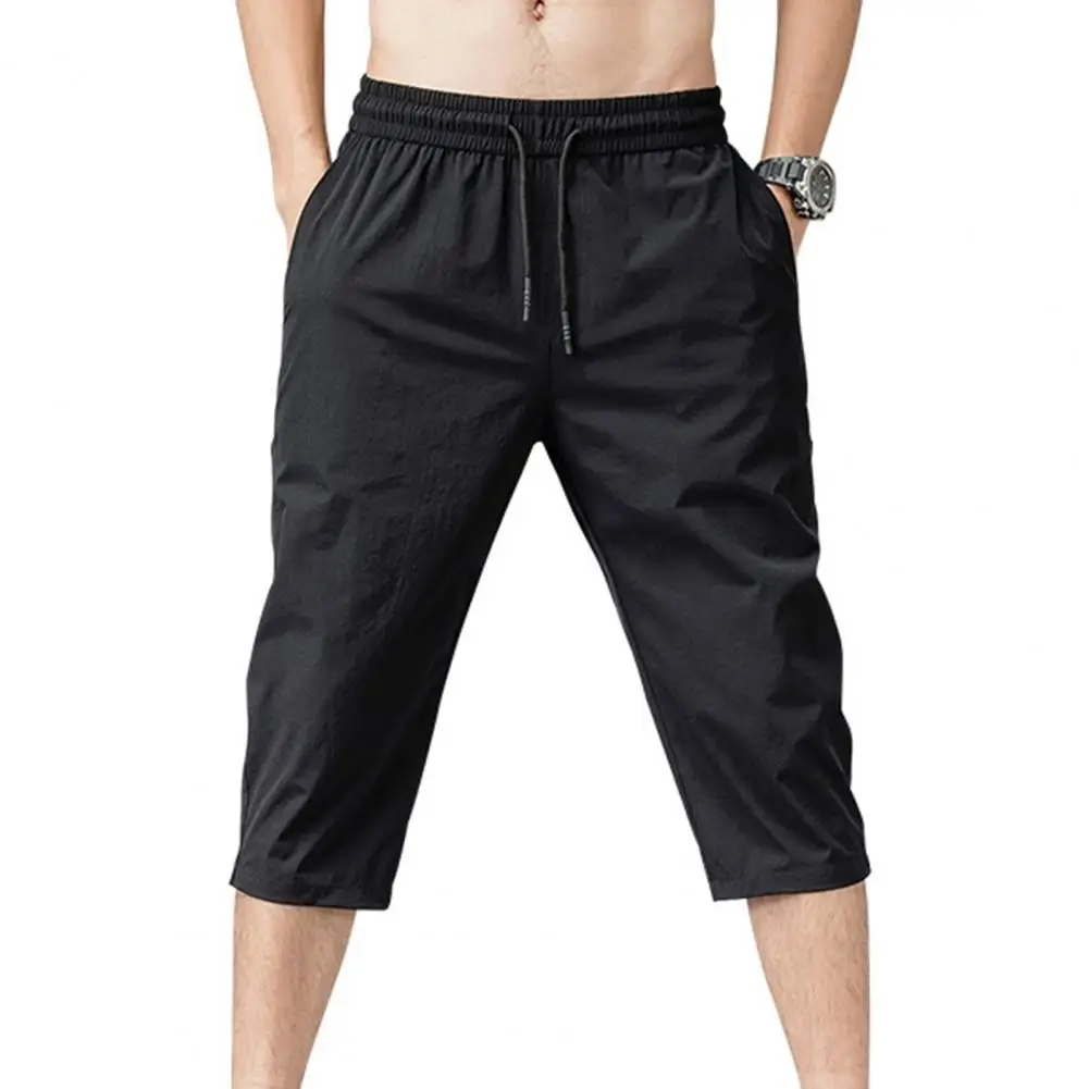 New Solid Color Pants Elastic Waist Men Drawstring 3/4 Length Cropped Trousers Sweatpants