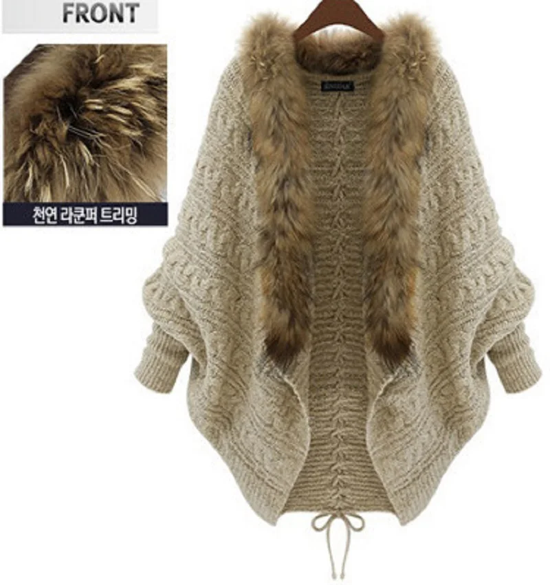 Women\'s Fur Collar Bat Sleeve Knitted Cardigan Loose Sweater Coat