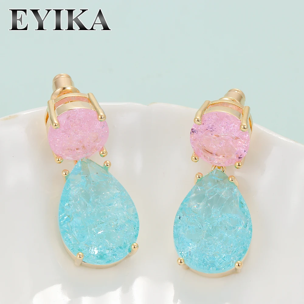 EYIKA Luxury Big Water Drop Blue Pink Crashed Fusion Crystal Drop Earrings Iced Zircon Stone Brincos Female Wedding Jewelry Gift