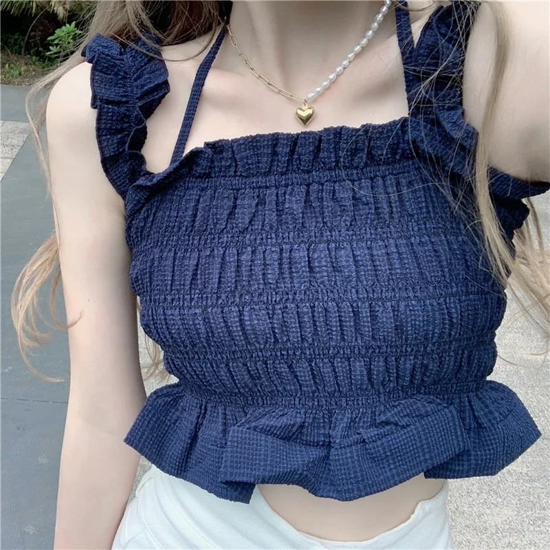 Yếm Nữ Nếp Gấp Chắc Chắn Thoáng Khí Mùa Hè Áo Crop Xe Tăng Cao Cấp Cơ Bản Ngọt Ulzzang Thời Trang Bán Mujer "Sang Trọng Camis