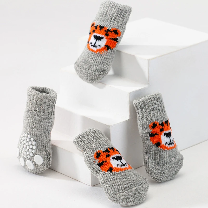 4Pcs Winter Warm Anti-Slip Pet Dog Socks Small Cat Dogs Knit Socks Chihuahua Thick Paw Protector Dog Socks Booties Accessories