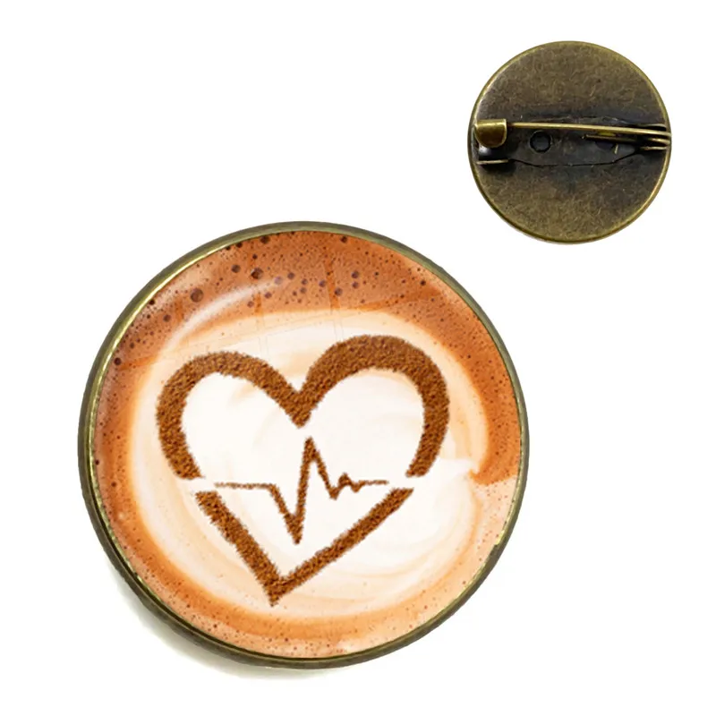 Broche de arte con forma de corazón de amor para café Latte, broche de cristal con estampado de flor de Chocolate, insignia de Metal, regalo para cafetería