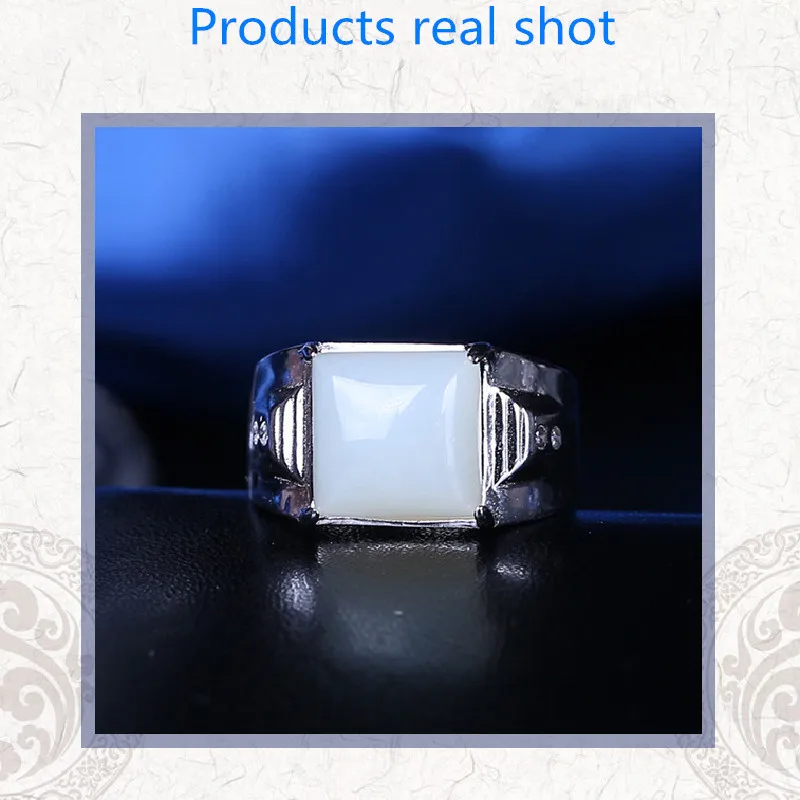 

Supply S925 Sterling Silver Inlaid Xinjiang Hetian Jade White Jade Ring Square White Jade Ring Men And Women