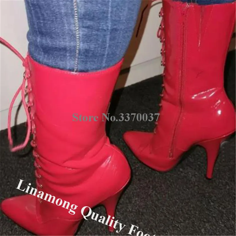 Linamong Shining Patent Leather Stiletto Heel Mid-cald Boots Lace-up Rose Pink Pointed Toe Short High Heel Boots Club Shoes