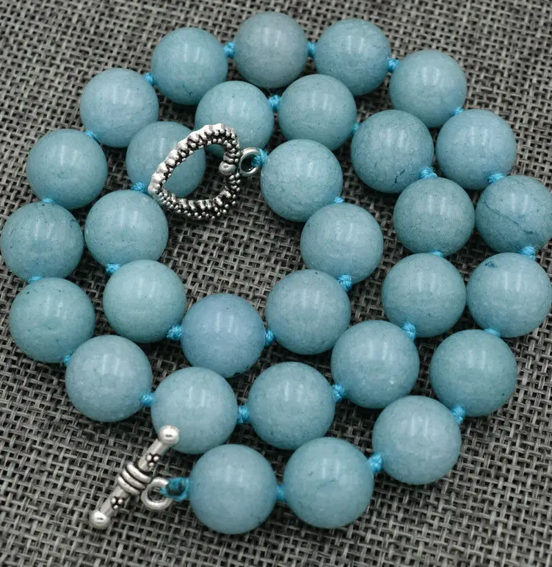 

new12mm Brazil natural Aquamarine Gem Necklace 18 "Tibetan silver love clasps jade