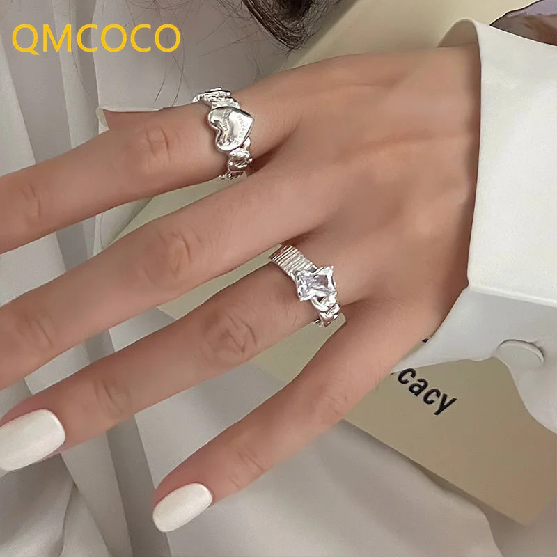 QMCOCO Silver Color Smple Sweet Heart-Shape Ring Women Retro Fashion Geometric Chain Open Adjustable Index Finger  Trendy Ring