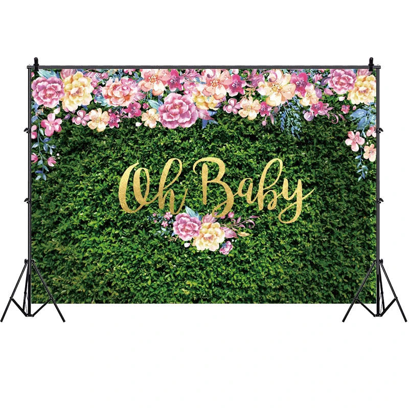 Oh Baby Backdrop Newborn Green Grass Happy Birthday Party Photography Background Flower Photographic Banner