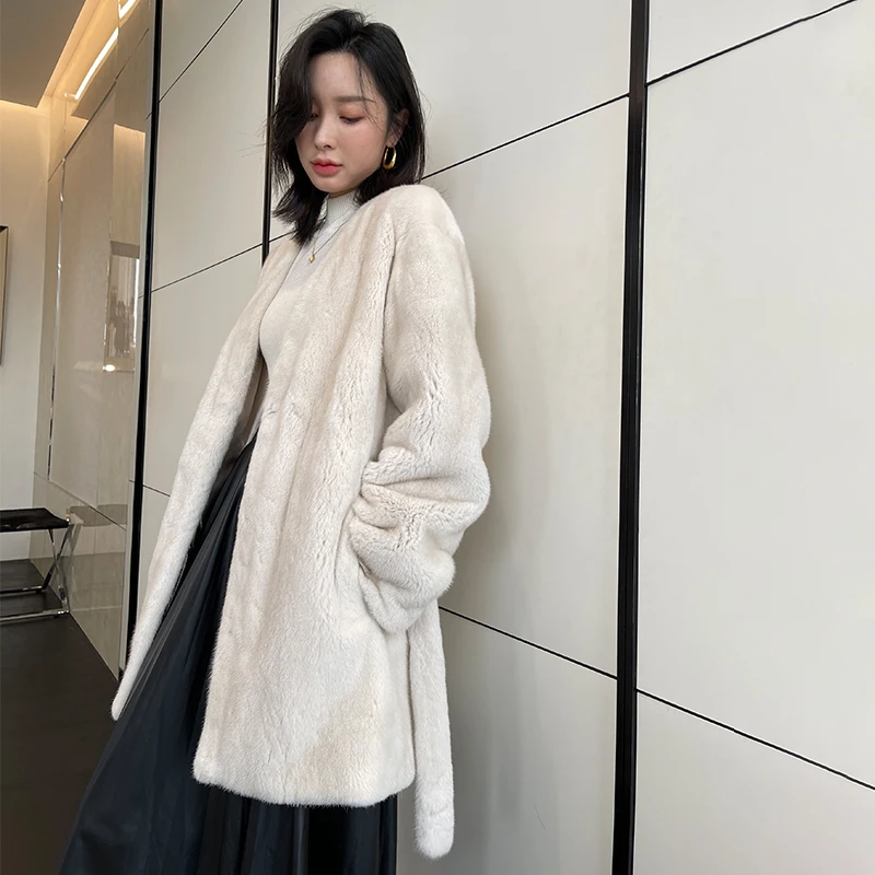 Fstmxur 2021 New Copenhagen Imports Velvt Mink Fur Coat Womens Full Sleeve V-Neck With Sashes Warm Soft Medium Mink Fur Coats