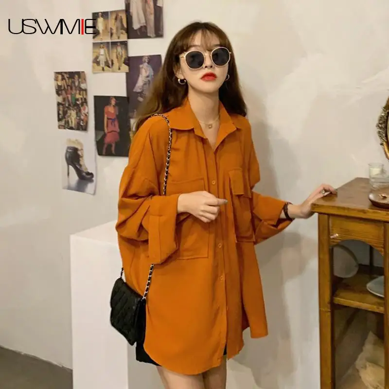 

Free Shipping Autumn Spring New Women Shirt Fashion Long Sleeve Pure Color Pockets Loose Comfort Single-breasted Female Blouse