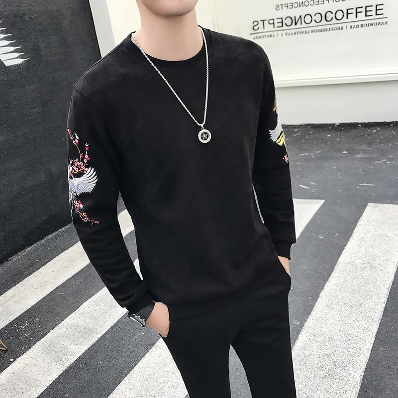 

British Style Sweatshirts Fashion Red-crowned Crane Pullover Deerskin Down Men Round Neck Embroidery Hoodie Mens Clothes