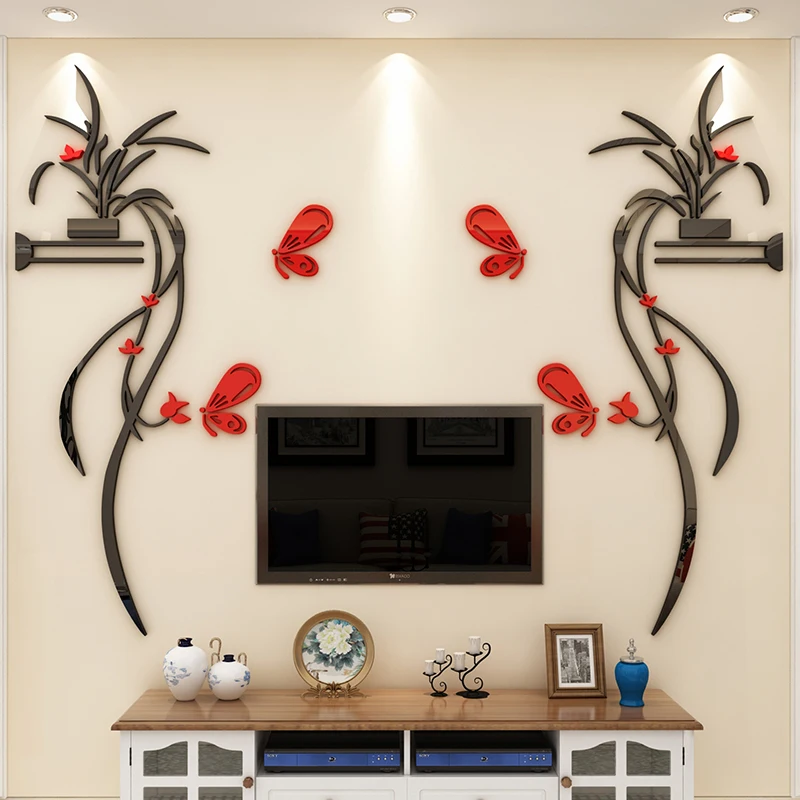 Orchid Acrylic Mirror Wall Stickers, Living Room, Sofa, TV, Flower, Self Adhesive, Home Decor