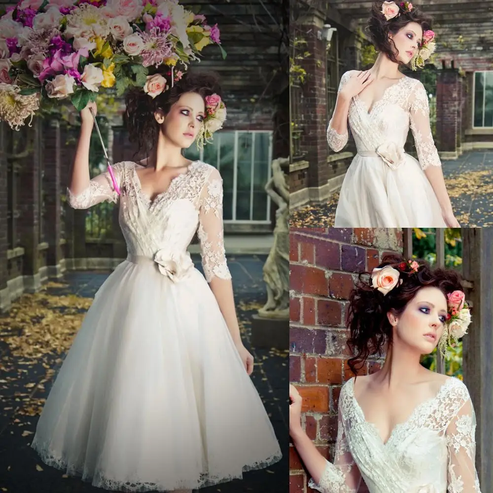 High Quality Vintage Short Wedding Dresses V-Neck 3/4 Sleeve Flower Sash Lace Tulle Tea Length A-Line Bridal Gowns Custom Made