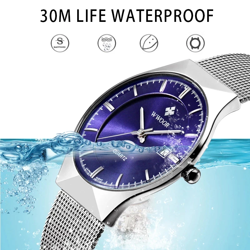 WWOOR Mens Watches Ultra-thin Quartz Auto Date WristWatch Men Top Brand Luxury Stainless Steel Business Waterproof Reloj Hombre