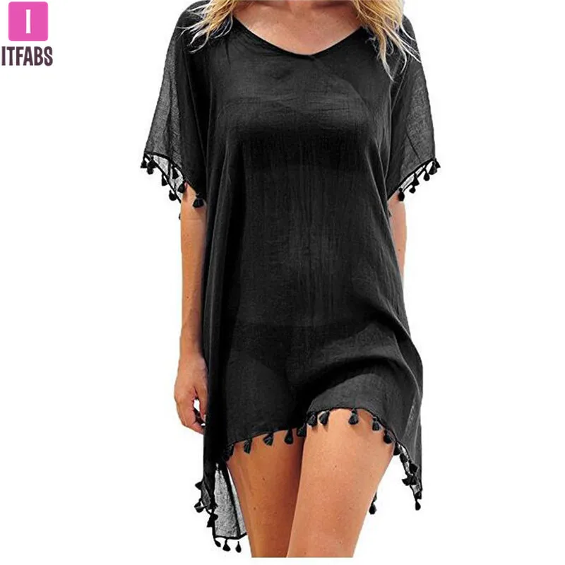 2021 Chiffon Quasten Strand Tragen Frauen Badeanzug Cover Up Bademode Badeanzüge Sommer Mini Kleid Lose Feste Pareo Abdeckung Ups