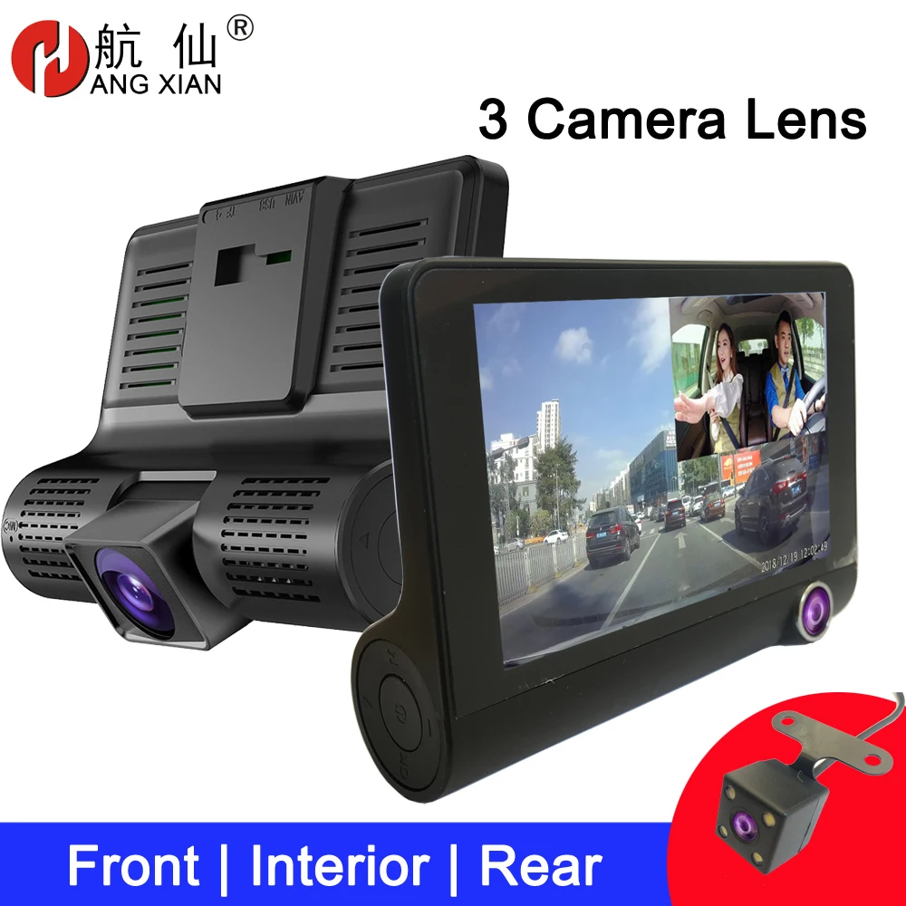 

Dash cam 4'' Three Way Car DVR FHD Three Lens Video Recorder Camera 170 Wide Angle Dash Cam G-Sensor And Night vision Camcorder