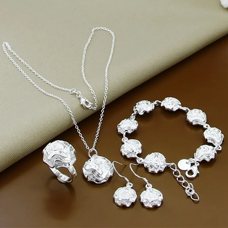 925 Sterling Zilveren Prachtige Rose Bloem Ketting Armbanden Oorring Set Voor Vrouwen Trouwfeest Sieraden Geschenken