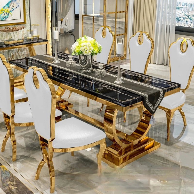 Luxury stainless steel marble dining tables and chairs 6-8 people