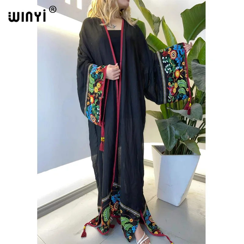 WINYI 2022 summer Sexy See Through Embroidered Long Kimono stitch Beachwear Women Tops and Blouses Middle East Muslim Abaya