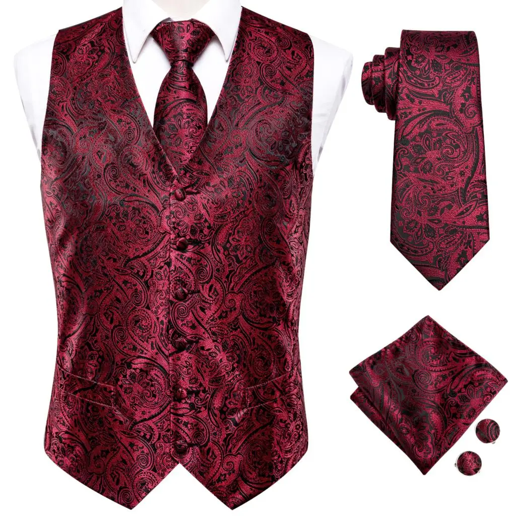 Hi-Tie Burgundy Paisley Floral Silk Men\'s Slim Waistcoat Necktie Set For Suit Dress Wedding 4PCS Vest Necktie Hanky Cufflink Set