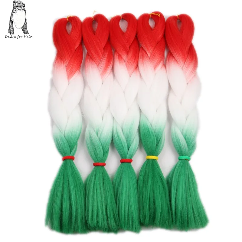 Desejo-Jumbo Ombre Color Traiding Hair Extensions, Tranças Sintéticas, Tranças Box, Vermelho, Branco, Verde, Natal