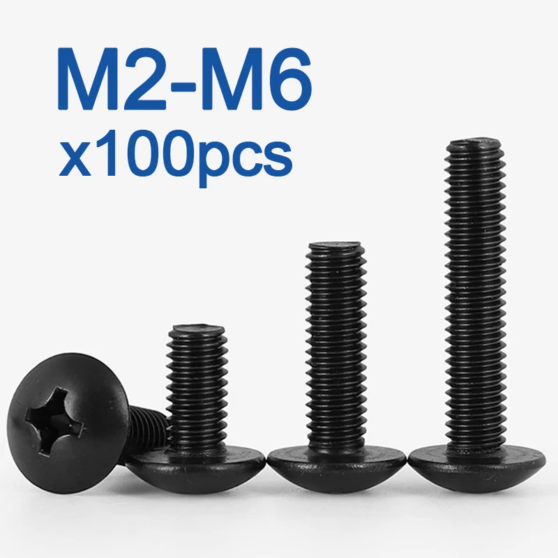 100Pcs/lot TM Screws Phillips Truss Mushroom Head Screw Black Plated Electronic Carbon Steel Screws M2 M2.5 M3 M3.5 M4 M5 M6