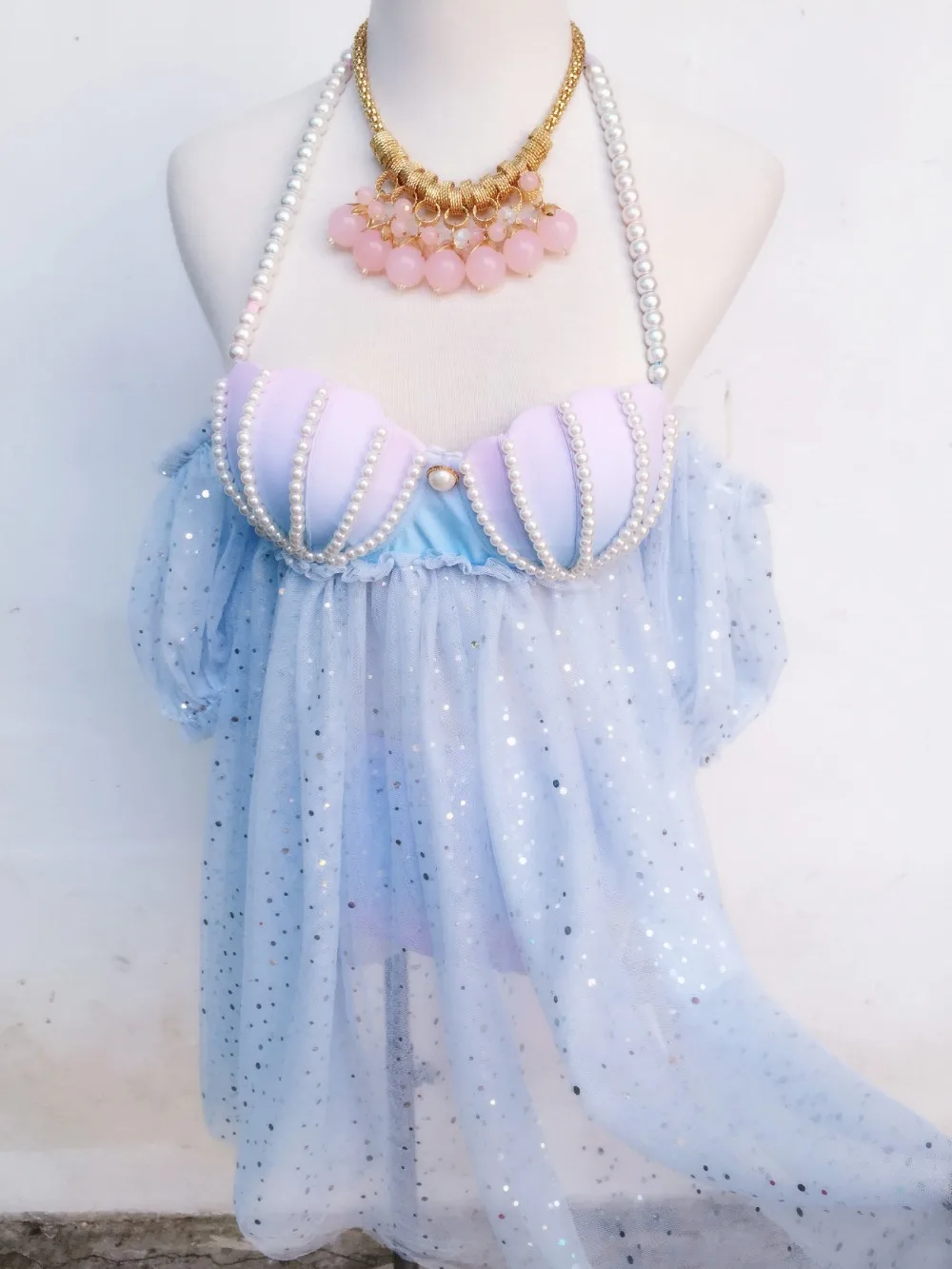 NEW Beach Fairy Swimsuit Mermaid Bikini swimwear gradient shell Bra Pearl Chains Summer Lolita Sweet Cloth Swimsuit Beach Dress