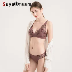 SUYADREAM 2022 Bra Set 100%Real Silk and Floral Lace Wire Free Comfort Bras and Panties Thin padded Healthy Underwears