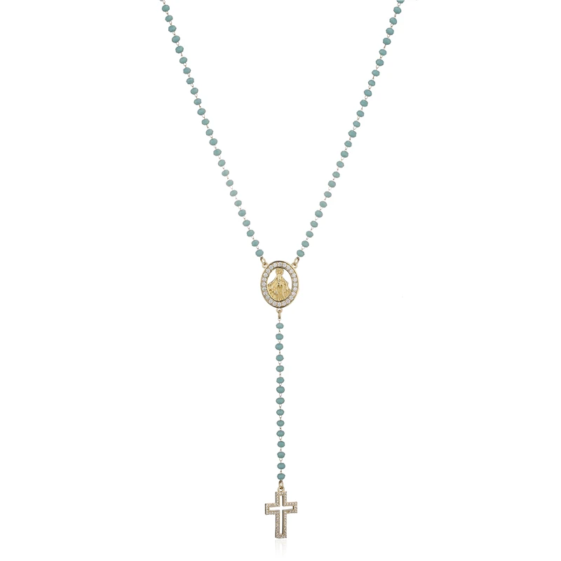 HECHENG,Christ Cross Necklace for Women,Stainless Steel Long Rosart Rainbow Stone Necklace,Virgin Mary Jewelry Wholesale