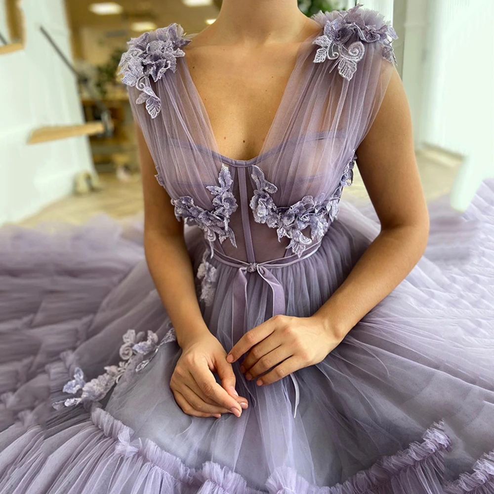 Elegant Lavender Tiered Tulle Long Prom Dresses 2023 A-Line Fitted Boning 3D Flowers Floor Length Evening Gowns