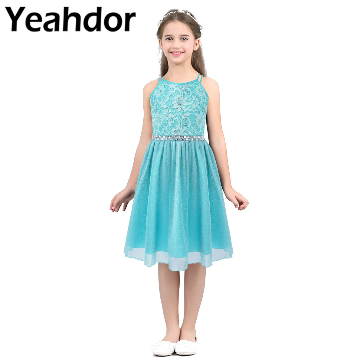 Sequined Floral Lace Bridesmaid Dress Kids Shiny Flower Girls Dress for Pageant Wedding Birthday Party Holy Communion Dress