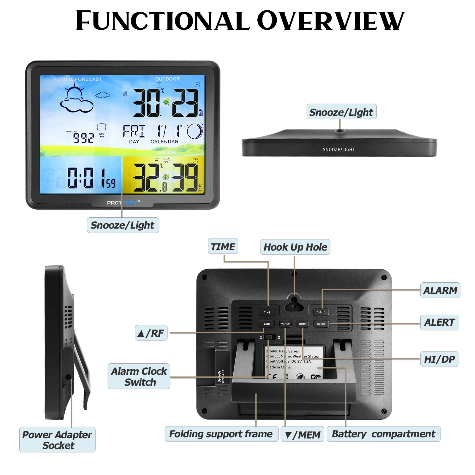 Protmex 20C Stasiun Cuaca Hygrometer Prakiraan Digital Suhu Kelembaban dengan 3 Sensor Nirkabel Monitor Dalam Ruangan Luar Ruangan 7.5"