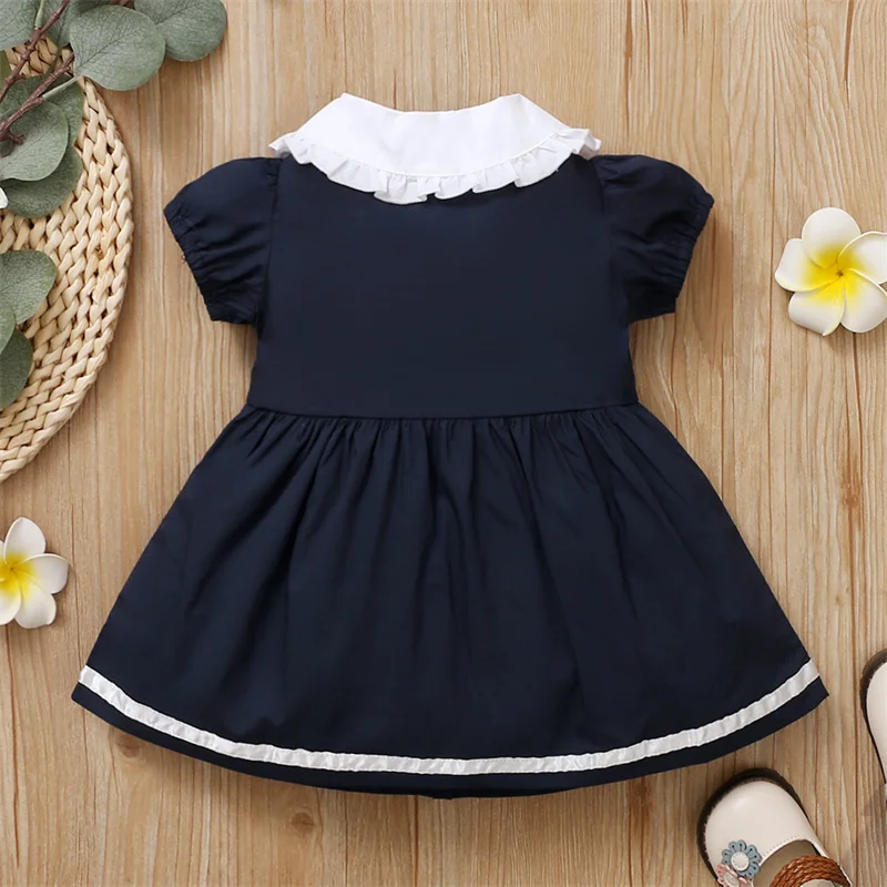 Blue Children's Dress Peter Pan Collar Baby Girl Summer Dress Puff Sleeve Girls Dress Princess vestidos Cute Baby Girl Clothes