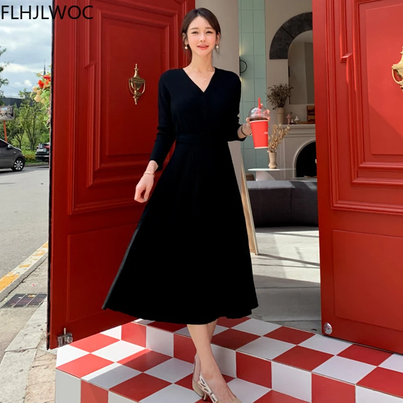 Chic Korea Feminine Vestidos Hot Sales Women Fashion Elegant Lady Turtleneck Belt Knitted Sweater Shirt Dress